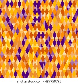 Abstract geometric pattern, diamond shapes. Traditional colors for Halloween background - yellow, orange and purple. Halloween vector background. Seamless vector Halloween pattern.