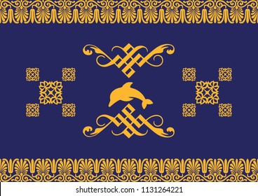 Abstract geometric pattern and dolphin illustration with elegant colours dark blue gold