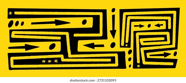 Abstractas garabatos de patrón geométrico. Fondo de garabato ingenuo laberinto con flechas. Silueta decorativa del telón de fondo del ornamento tribal del laberinto. Figuras de línea de rectángulos amarillos ingenuos. Vector bg Horizontal.