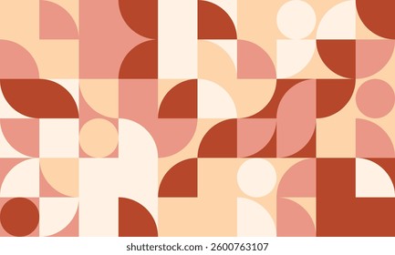 Abstract geometric pattern with earthy tones.  A modern, minimalist design featuring circles and squares in muted pinks, oranges, and browns.