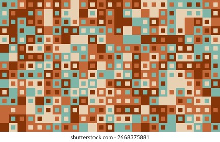 Abstract geometric pattern with earthy tones.  A seamless texture of varied squares creates a modern, midcentury inspired design, perfect for backgrounds, textiles, or website design.