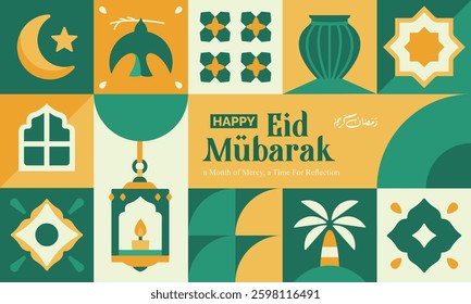 abstract geometric pattern of eid al fitr, ramadan kareem with various bright colored islamic icons and symbols