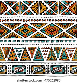 Abstract geometric pattern. Ethnic and tribal motifs. Orange, yellow, blue and black elements on a white background. Handmade. Seamless vector illustration.