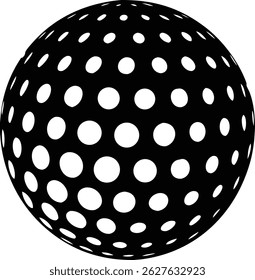 Um padrão geométrico abstrato apresenta uma esfera preta coberta com círculos brancos uniformemente espaçados contra um fundo branco limpo. O arranjo cria um efeito visualmente intrigante.