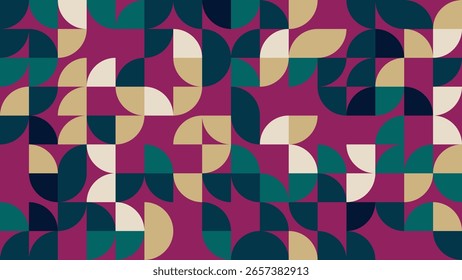 padrão geométrico abstrato apresenta formas coloridas dispostas em uma composição dinâmica.