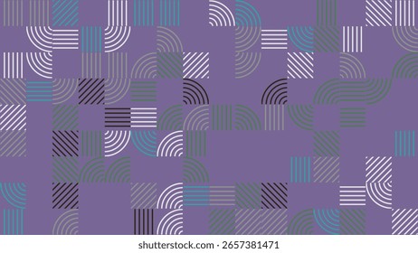 padrão geométrico abstrato apresenta uma mistura harmoniosa de tons silenciados, linhas curvas e quadrados em um fundo roxo, ideal para design digital e de impressão.
