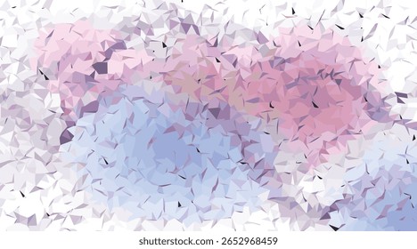 An abstract geometric pattern features a mosaic of fragmented polygons in varying shades of pastel purple, blue, and pink, with accents of white and small black elements. 