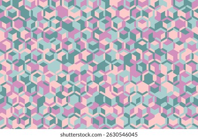 Padrão geométrico abstrato com uma matriz de cubos rosa pastel, azul escuro e azul claro. Este design perfeito evoca um senso de elegância moderna e complexidade intrincada.