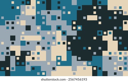 Abstract geometric pattern featuring a blend of teal, gray, beige, and black squares.  Ideal for backgrounds, website design, or modern art projects.