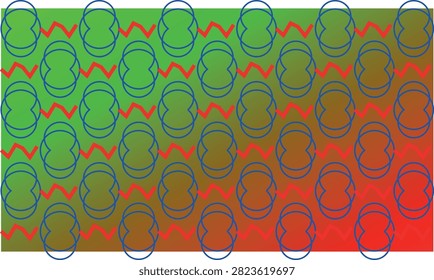 Abstract geometric pattern featuring blue circles and red zigzag lines against a green gradient background