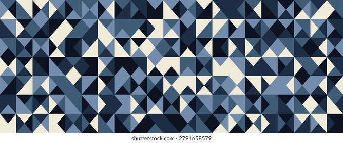 Abstract geometric pattern featuring a captivating mosaic of triangles in shades of navy, blue, and offwhite.