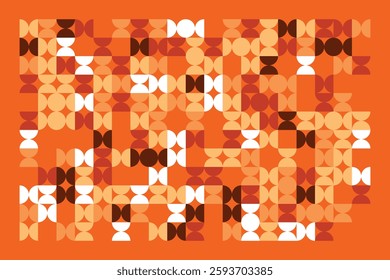 An abstract geometric pattern featuring circles and semicircles in warm orange, beige, and brown hues. The rhythmic repetition and contrast create a sense of movement, depth, and modern elegance.