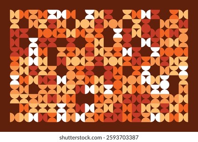 An abstract geometric pattern featuring circles and semicircles in warm orange, beige, and brown hues. The rhythmic repetition and contrast create a sense of movement, depth, and modern elegance.