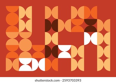 An abstract geometric pattern featuring circles and semicircles in warm orange, beige, and brown hues. The rhythmic repetition and contrast create a sense of movement, depth, and modern elegance.