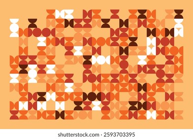 An abstract geometric pattern featuring circles and semicircles in warm orange, beige, and brown hues. The rhythmic repetition and contrast create a sense of movement, depth, and modern elegance.