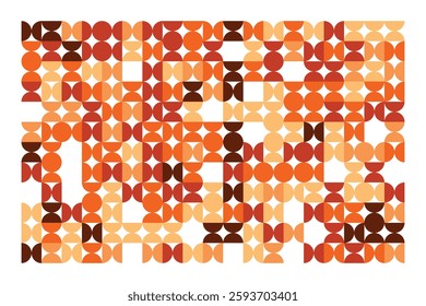 An abstract geometric pattern featuring circles and semicircles in warm orange, beige, and brown hues. The rhythmic repetition and contrast create a sense of movement, depth, and modern elegance.