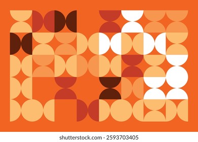 An abstract geometric pattern featuring circles and semicircles in warm orange, beige, and brown hues. The rhythmic repetition and contrast create a sense of movement, depth, and modern elegance.