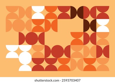 An abstract geometric pattern featuring circles and semicircles in warm orange, beige, and brown hues. The rhythmic repetition and contrast create a sense of movement, depth, and modern elegance.