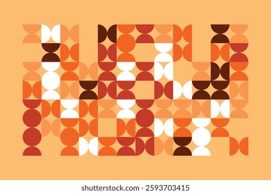 An abstract geometric pattern featuring circles and semicircles in warm orange, beige, and brown hues. The rhythmic repetition and contrast create a sense of movement, depth, and modern elegance.