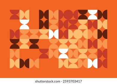 An abstract geometric pattern featuring circles and semicircles in warm orange, beige, and brown hues. The rhythmic repetition and contrast create a sense of movement, depth, and modern elegance.