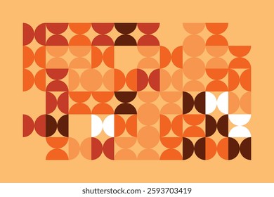 An abstract geometric pattern featuring circles and semicircles in warm orange, beige, and brown hues. The rhythmic repetition and contrast create a sense of movement, depth, and modern elegance.