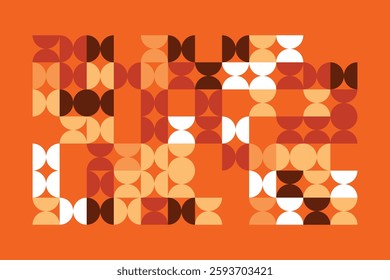 An abstract geometric pattern featuring circles and semicircles in warm orange, beige, and brown hues. The rhythmic repetition and contrast create a sense of movement, depth, and modern elegance.