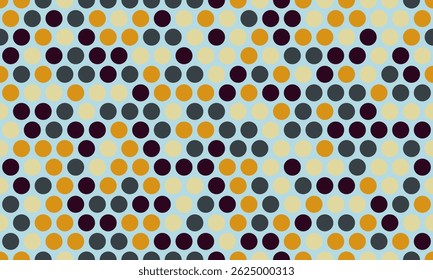 Abstract geometric pattern featuring a dynamic interplay of circles in muted gold, dark purple, and slate gray on a pale blue background.