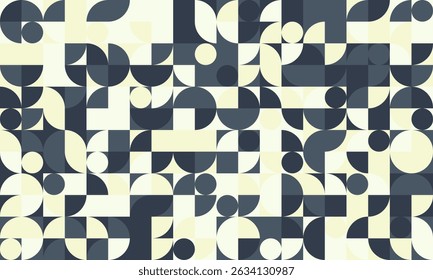 Abstract geometric pattern featuring a dynamic interplay of circles, semicircles, and squares in muted blue and beige tones.  Ideal for website backgrounds, textile design, or modern branding.