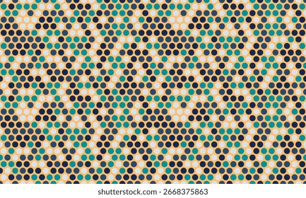 Abstract geometric pattern featuring a dynamic interplay of teal, beige, and gray circles.  Perfect for backgrounds, textiles, or modern design projects.