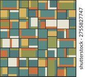 Abstract geometric pattern featuring a grid of colorful rectangular blocks in mid-century modern style. Composition includes teal, orange, yellow, green, and white tones arranged in a structured layout. Ideal for backgrounds, wallpapers, branding, packaging, and contemporary design projects. Clean, vibrant, and stylish geometric composition.