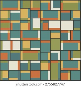 Abstract geometric pattern featuring a grid of colorful rectangular blocks in mid-century modern style. Composition includes teal, orange, yellow, green, and white tones arranged in a structured layout. Ideal for backgrounds, wallpapers, branding, packaging, and contemporary design projects. Clean, vibrant, and stylish geometric composition.