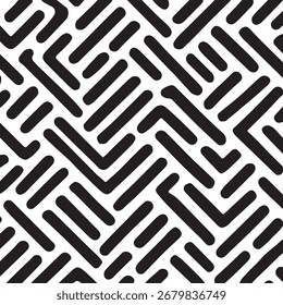 Abstract geometric pattern featuring interlocking black lines on a white background, creating a maze-like or labyrinthine visual texture with a modern, graphic design aesthetic.