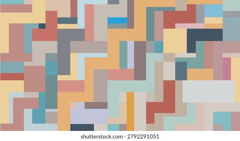 Abstract geometric pattern featuring interlocking rectilinear shapes in a palette of yellow, beige, blue, red, and grey colors.