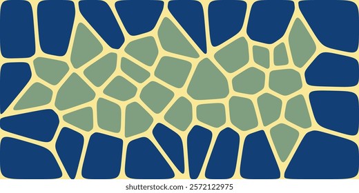 Abstract geometric pattern featuring irregular green and blue shapes with yellow outlines, resembling a mosaic or stained glass effect.

