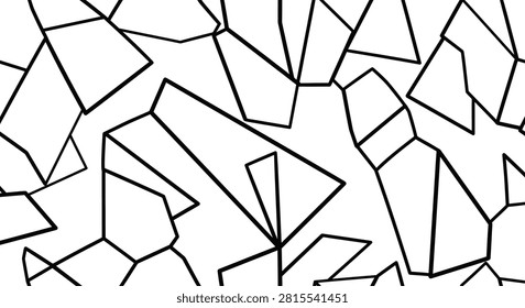 Abstract geometric pattern featuring irregular black linear polygons and sharp angular shapes on a solid white background, creating a minimalist monochrome fractured mosaic texture.