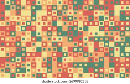 Abstract geometric pattern featuring a mosaic of muted orange, red, green, and beige squares.  Ideal for backgrounds, textiles, website design, and modern art projects.