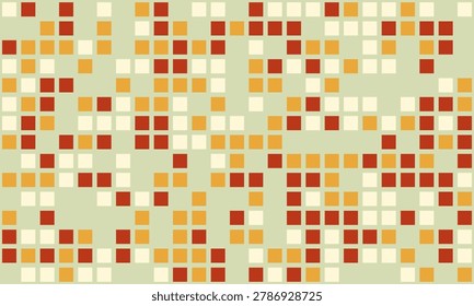 Abstract geometric pattern featuring a mosaic of warmtoned squares in orange, red, and cream on a muted green background.