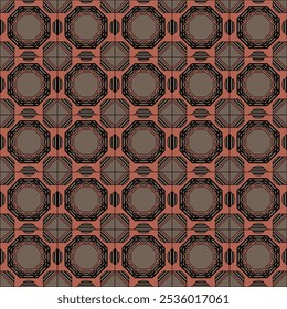 Abstract geometric pattern featuring repeating octagonal shapes. Vector illustration for textile, fabric, wallpaper design, in orange black colors.