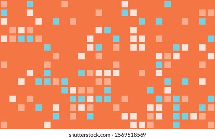 Abstract geometric pattern featuring scattered squares in pastel peach, white, and light blue on a burnt orange background.  Ideal for website backgrounds, presentations, or modern design projects.