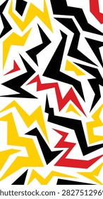 Abstract geometric pattern featuring sharp zigzag shapes in Red, tellow, black, and white. Dynamic and bold design suitable for backgrounds, sportswear, racing graphics, posters, and modern graphic design.