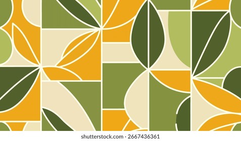 Abstract geometric pattern featuring stylized leaves in shades of green and orange, arranged in a repeating mosaic design on a beige background.