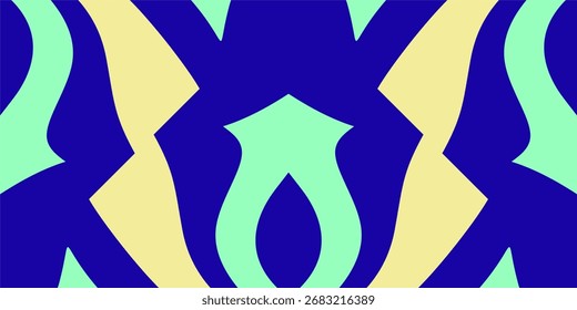 An Abstract Geometric Pattern Featuring Symmetrical Organic Shapes in Bold Blue Yellow and Mint Green Hues.