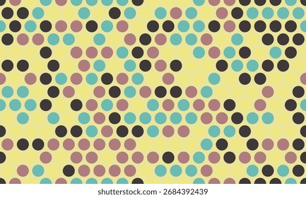 Abstract geometric pattern featuring teal, mauve, and black circles on a pale yellow background.  Perfect for textile design, website backgrounds, or modern branding.