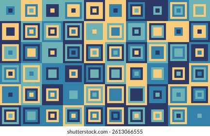 Abstract geometric pattern featuring a vibrant mosaic of squares in shades of blue and beige.