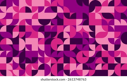 Abstract geometric pattern featuring a vibrant mosaic of pink and purple circles and squares.  Ideal for backgrounds, textiles, or modern design projects.