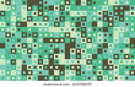 Abstract geometric pattern featuring a vibrant mosaic of teal, mint, and brown squares. Ideal for backgrounds, textiles, website designs, and modern art projects.