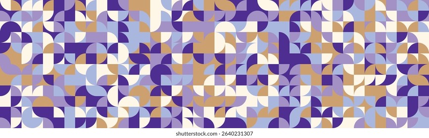 Abstract geometric pattern featuring a vibrant blend of purple, beige, and white semicircles and squares.