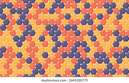 Abstract geometric pattern featuring vibrant orange, yellow, and purple circles arranged in a dynamic diagonal design.