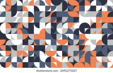 Padrão geométrico abstrato com uma vibrante matriz de círculos e quadrados em laranja, cinza e azul-marinho mudo.  Ideal para fundos de site modernos, apresentações ou projetos têxteis.