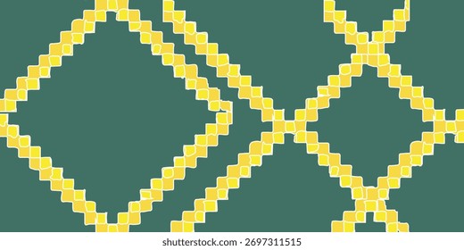 An abstract geometric pattern featuring a yellow, pixelated diamond lattice on a dark teal green background. The design has a hand-drawn, blocky aesthetic.